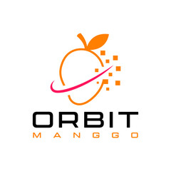 Orbit mango logo design with stylized orange fruit in a pixelated pink orbit shape. Suitable for branding, food industry. © Shoimatun