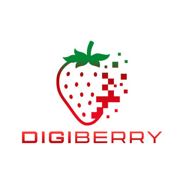 Digi berry logo featuring red pixelated strawberry shape with green leaf. Perfect for tech or food brands seeking a modern look.