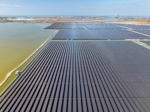 Aerial view of solar power station on the beach of Yingge bay of Ledong, Hainan Province, China.