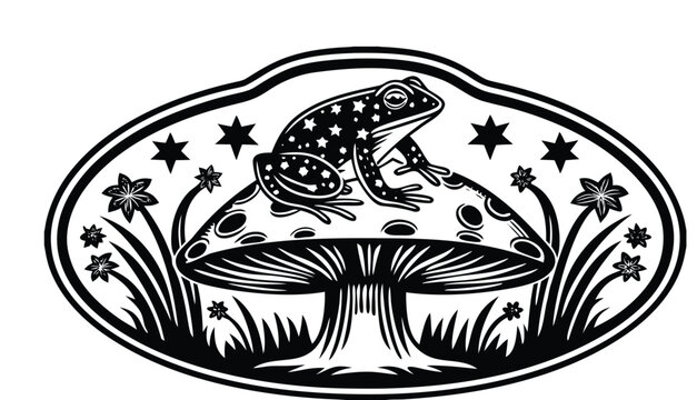 A stylized black and white ink illustration featuring a frog sitting atop a large mushroom. The frog is positioned in the center, facing left in profile, with its back and head decorated with celestia
