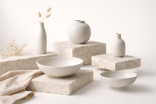 White ceramic vases and bowls on travertine podiums neutral still life