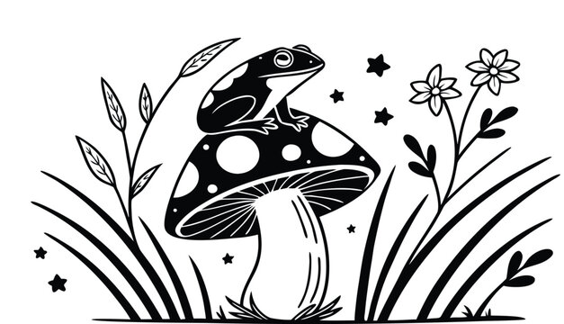 A stylized black and white ink illustration featuring a frog sitting atop a large mushroom. The frog is positioned in the center, facing left in profile, with its back and head decorated with celestia