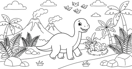 Friendly cartoon dinosaur in prehistoric jungle coloring page outline © Najmun