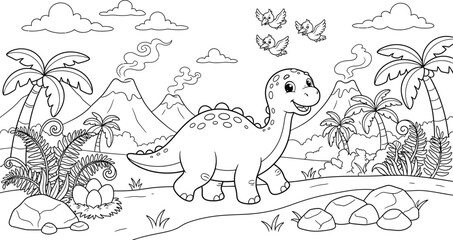 Cute baby dinosaur in tropical prehistoric landscape coloring page © Najmun