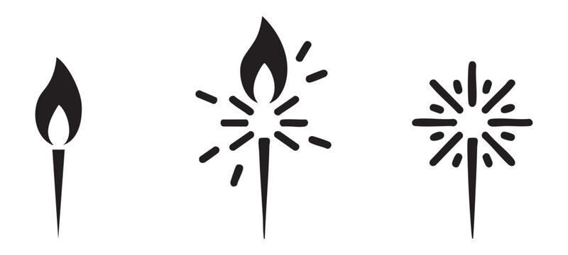 Sparkler icons set showing festive burning firework sticks for holiday celebration and decoration.