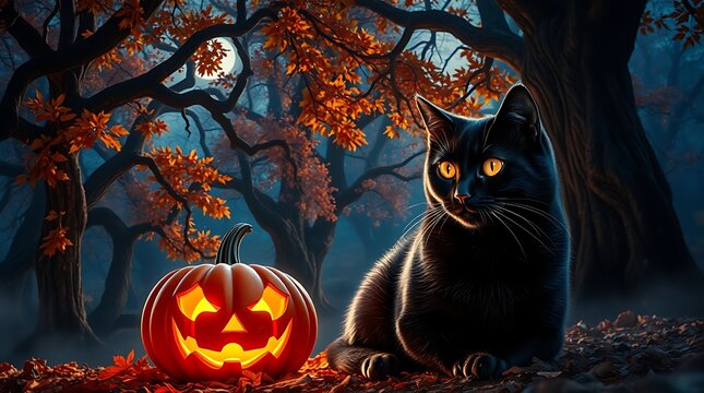 Black Cat Sitting Next To Lit Pumpkin In Autumn Forest Scene