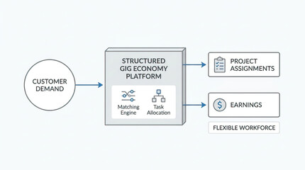 Naklejka premium Gig economy platform diagram with customer demand matching engine task allocation project assignment earnings flexible workforce corporate workflow business model