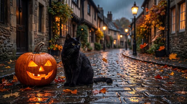 Black Cat Sitting Beside Jack O Lantern On Cobblestone Street At Halloween