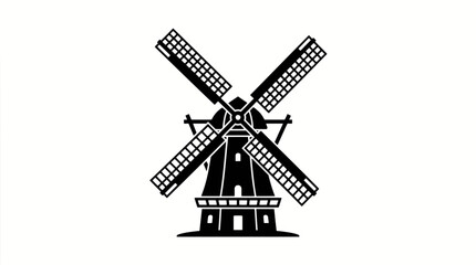Obraz premium Classic Dutch Windmill Silhouette Icon With Four Blades Rotating Against White Background