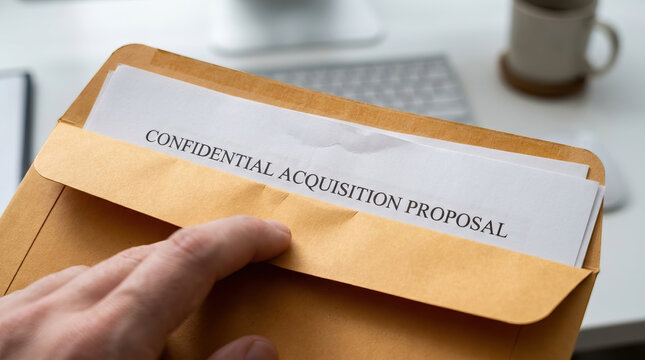 Confidential envelope containing proposal on desk in office with hand sealing paper documents for private business review