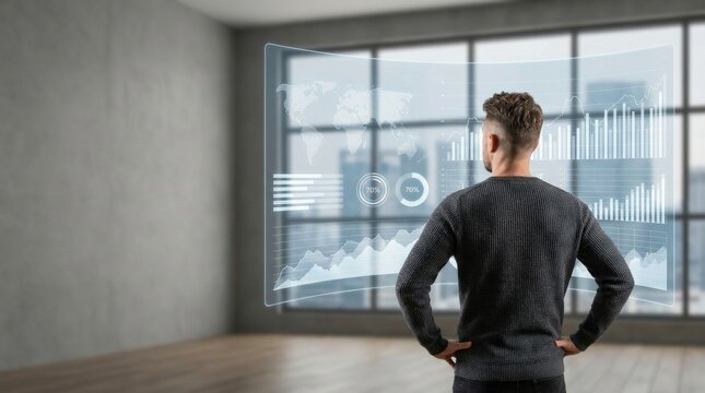 Businessman analyzing global data and financial charts on virtual holographic interface in modern office