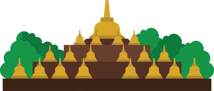 Ancient borobudur temple icon with golden stupas and green trees flat design historical landmark site.