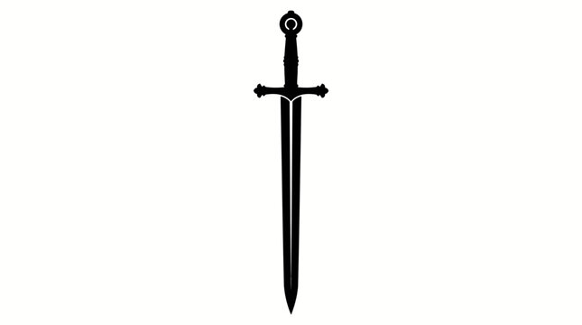 Black silhouette of a medieval sword with a circular pommel and crossguard on a white background