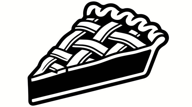 Black and white illustration of a slice of pie with a lattice crust on a white background