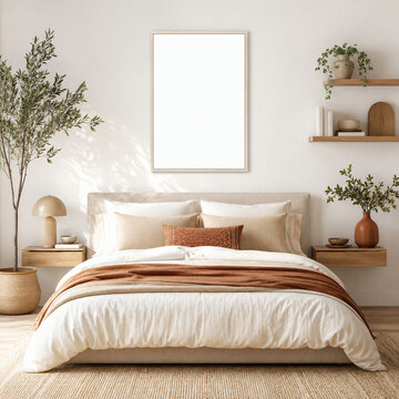 Empty vertical wood frame mockup for wall art print display, placed above a cozy bed setup with decorative cushions and houseplants in a bright room.