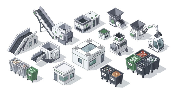 Isometric illustration of industrial equipment and machinery in a factory setting.