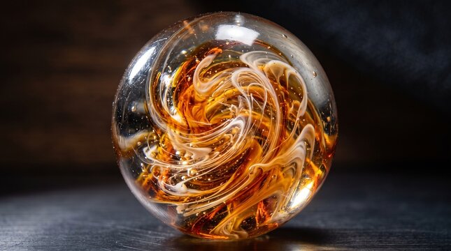 Close up of a glass paperweight with swirling amber and white patterns inside and small air bubbles