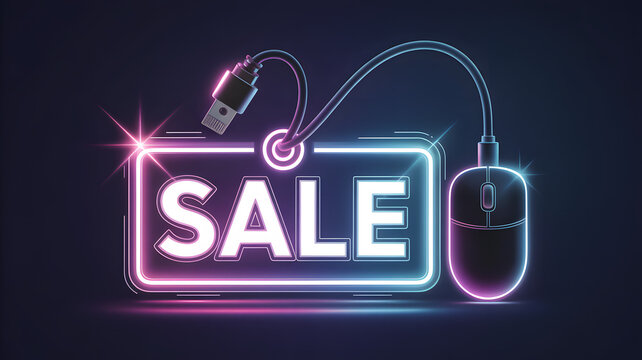 Neon sale tag with computer mouse. Digital shopping discount banner. Cyber commerce marketing graphic.
