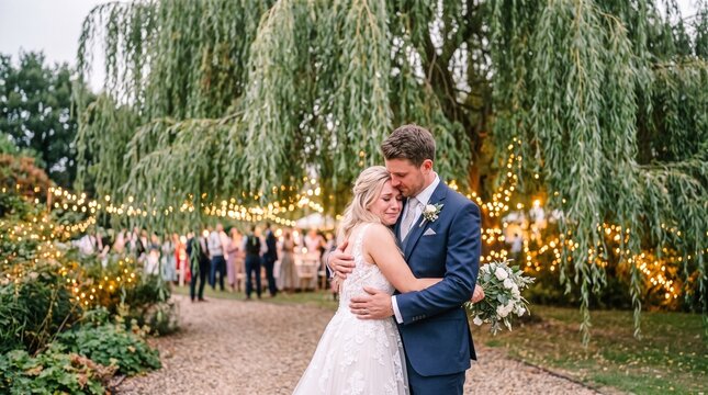 Bride and groom embracing emotionally under a weeping willow tree with fairy lights at a wedding reception