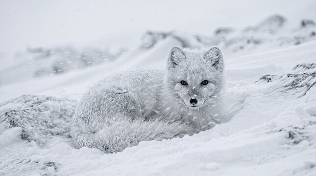 Arctic fox resting in a snowy landscape during a snowstorm with its white fur blending in