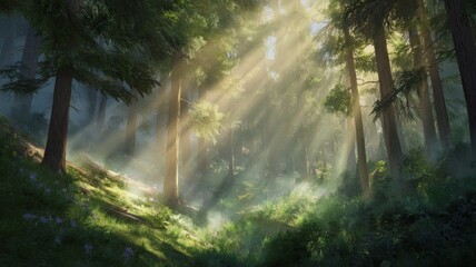 Obraz premium Sunlight through dense forest canopy. AI generated