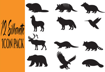 Fototapeta premium Black silhouettes of various wild animals and bird isolated on transparent background, isolated on white background, Vector, illustration