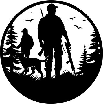 Hunting scene silhouette in circular frame with hunters and dog vector