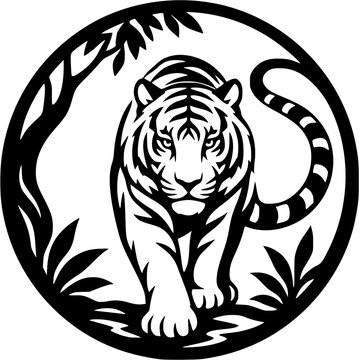 Silhouette tiger in circular frame vector illustration, fierce wild cat emblem