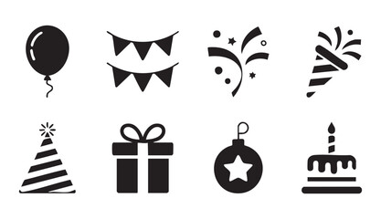 Collection of party and celebration icons featuring balloon bunting firework popper hat and cake. © MdNasir