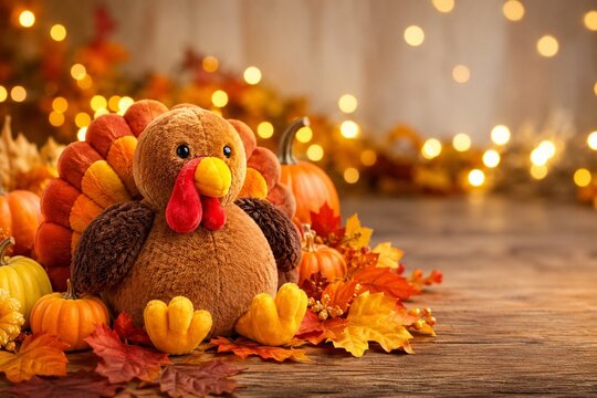 Cute thanksgiving turkey plush toy on wooden background, horizontal autumn leaves with pumpkins and warm golden bokeh lights for festive kids celebration