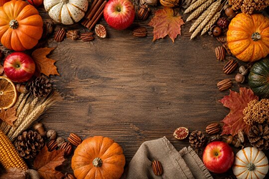 Thanksgiving autumn flatlay background with pumpkin and red apples, horizontal rustic wooden table border with orange leaves and pine cones for holiday greeting card