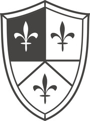 Heraldic shield icon with three fleur de lis symbols in black and white line art style Vector, illustration © Farida