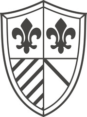 Heraldic shield icon with fleur de lis symbols and diagonal stripes in a classic black and white line art style Vector, illustration © Farida