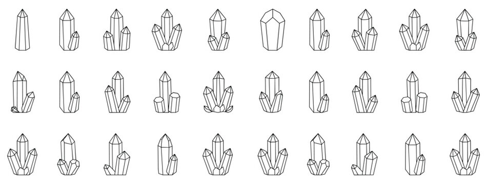 Crystal Cluster Collection. A repeating pattern of various crystal cluster formations, presented as line drawings.
