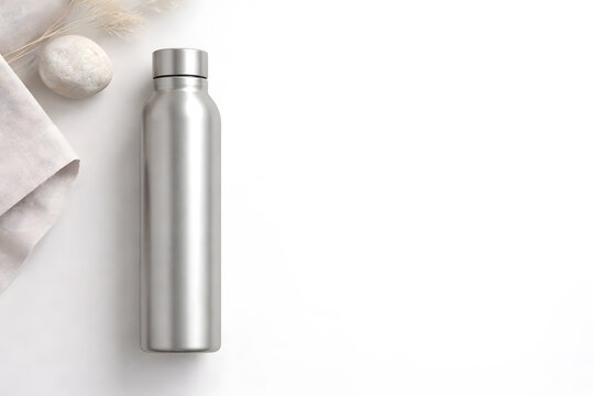 Silver aluminum water bottle mockup flat lay with towel on white background