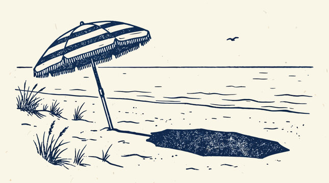 A retro-style beach umbrella stands on a sandy beach, casting a shadow beside some grassy plants.