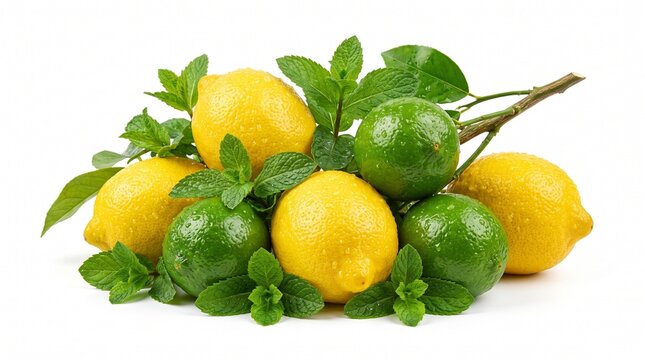 Fresh yellow lemons and green limes with mint leaves on white background