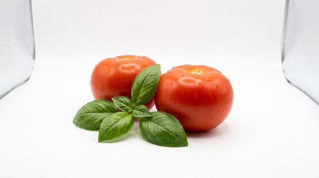 Two fresh red tomatoes and sprig of green basil leaves with vegetable