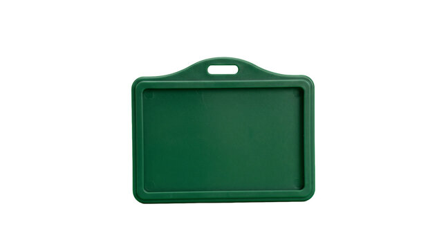 Green plastic horizontal ID card holder isolated on white background.
