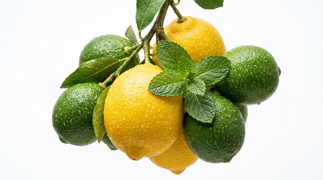 Fresh yellow lemons and green limes with mint leaves on white background