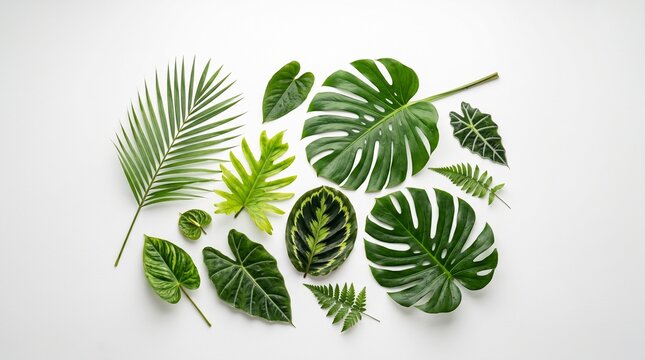 Collection of assorted exotic tropical green leaves on white background