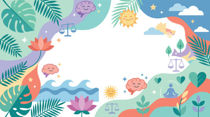 Obraz premium Mindfulness and Mental Health Conceptual Illustration with Brain, Balance Scales, and Tropical Nature Frame for Wellness