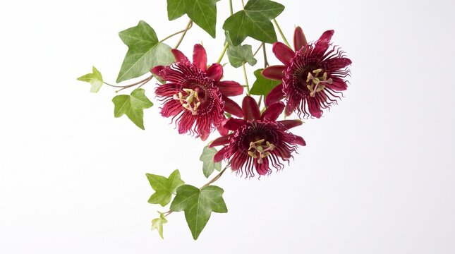 Three deep purple passion flowers with green ivy leaves on white surface