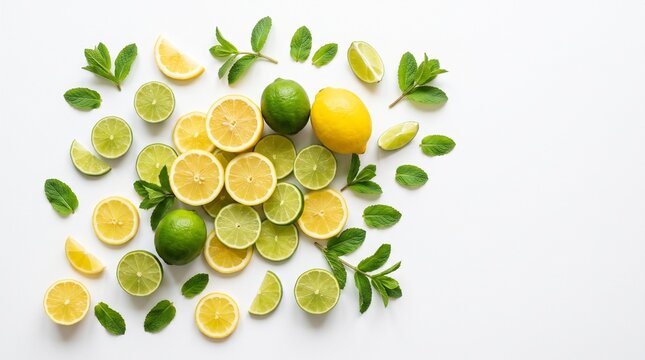 Fresh lemon and lime fruit slices with green mint leaves top view, culinary