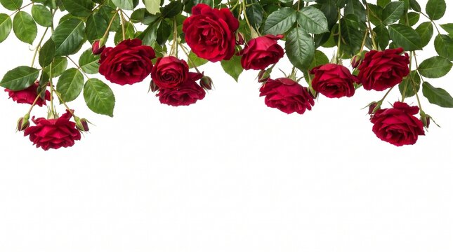 Border of deep red roses with green leaves on white background, botanical