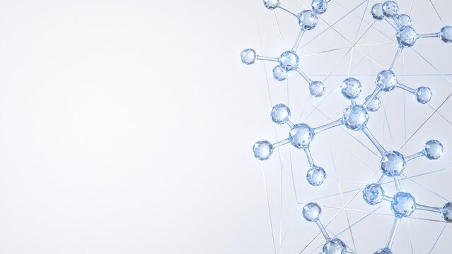 Modern medical wallpaper featuring transparent molecular structures with soft blue illumination over a clean white background, creating a sophisticated healthcare design with spacious copy space.