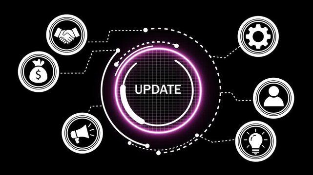 Dynamic digital update interface featuring glowing neon infographic and connected business for corporate software system upgrades, data management, technology presentations, and modern ui