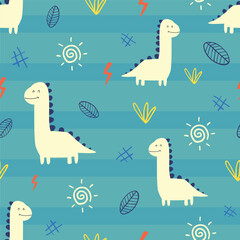 Cute dinosaur seamless pattern with long neck dino and playful doodles. Perfect for kids fabric, nursery wallpaper, wrapping paper, baby products and surface design. © NEMR Studio