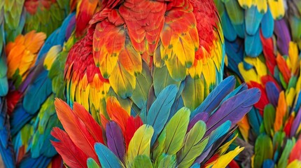 Obraz premium Close up macro of vivid parrot feathers. Layered colorful plumage with bright red, blue, yellow, and green textures. Tropical bird wing background, exotic nature abstract concept. feather, parrot, mac