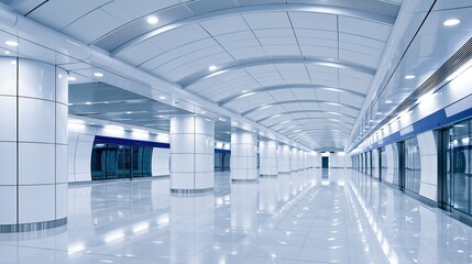 Obraz premium Modern Futuristic Subway Station Interior With Sleek White Columns and Reflective Floor